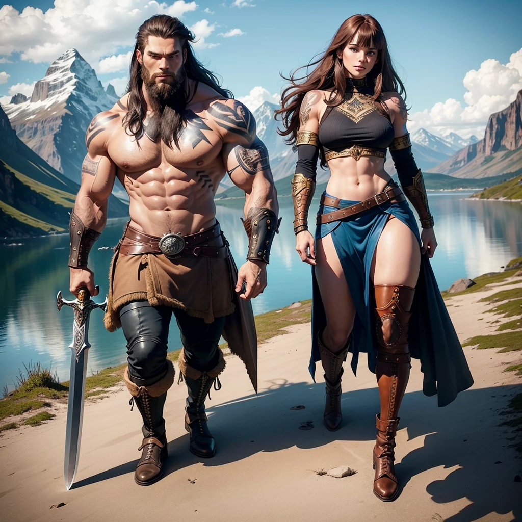 Black Viking left arm tattoo design, a full body muscular viking man and beautiful woman, muscular legs, holding big sword with right hand, brown hair divided with bangs, perfect realistic blue eyes, wearing warrior leather shoes, wearing warrior boots, lake and mountains in the background.
