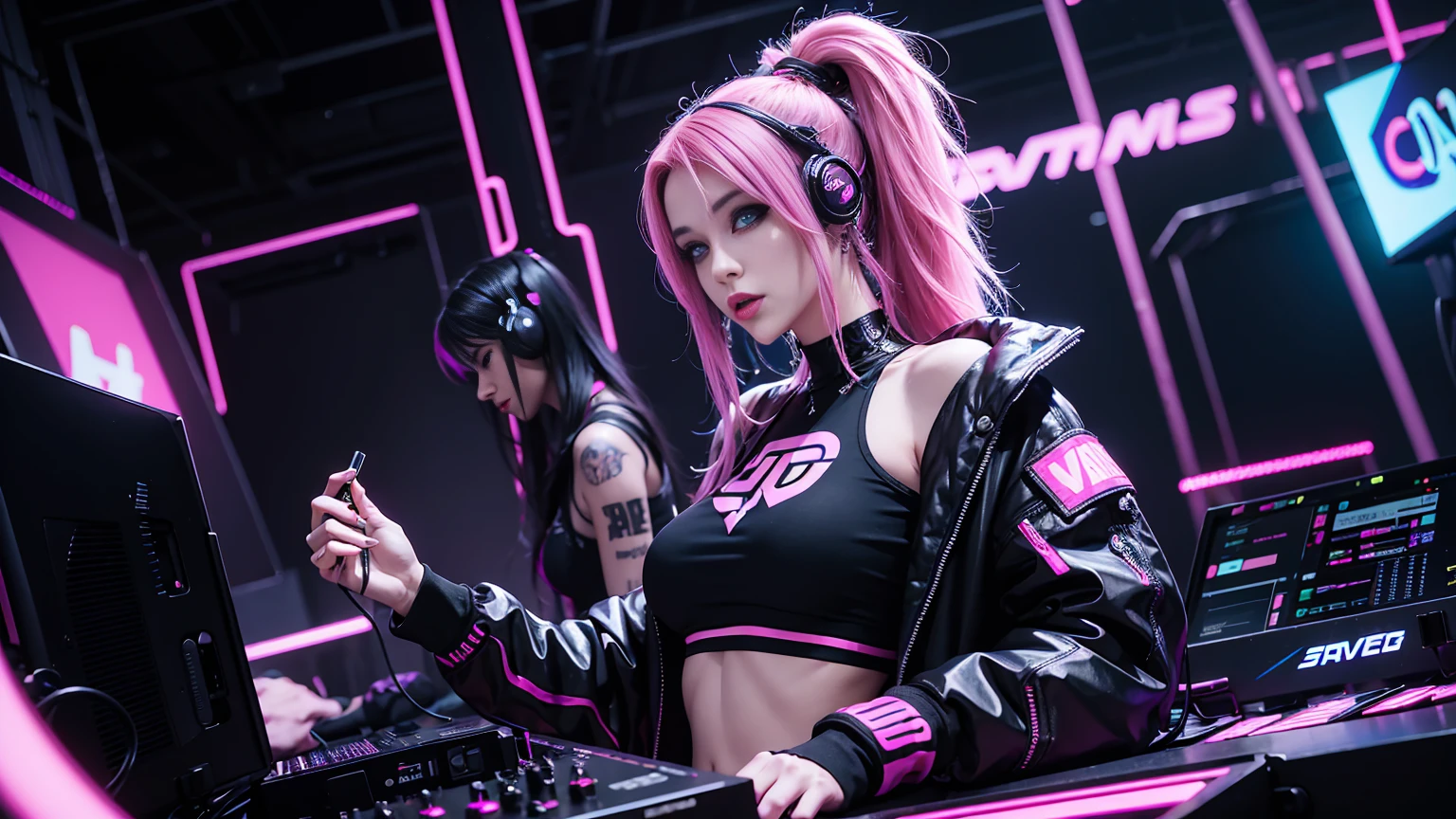 arafed woman in a black top and pink hair standing next to a DJ's mixer, rave girl, raver girl, 1 girl, DJ rave, unreal engine, rave makeup, in cyberpunk style, has cyberpunk style, rave inspired, cyber punk setting, cyberpunk vibes, cyberpunk vibe, beautiful cyberpunk woman model, cyberpunk style color, woman holds her headphones down with one hand.