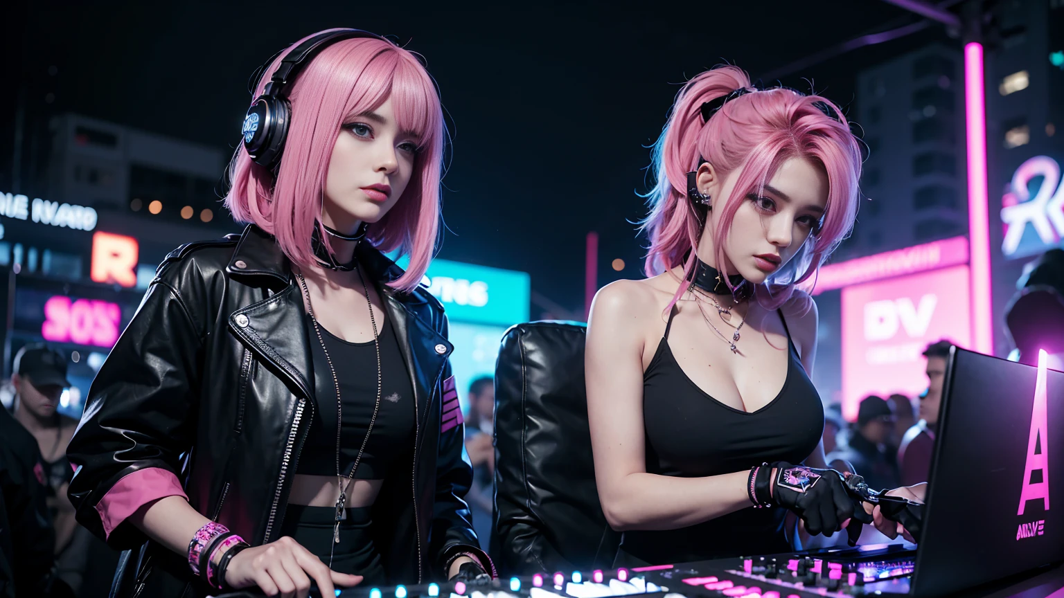 arafed woman in a black top and pink hair standing next to a DJ's mixer, rave girl, raver girl, 1 girl, DJ rave, unreal engine, rave makeup, in cyberpunk style, has cyberpunk style, rave inspired, cyber punk setting, cyberpunk vibes, cyberpunk vibe, beautiful cyberpunk woman model, cyberpunk style color, woman holds her headphones down with one hand.