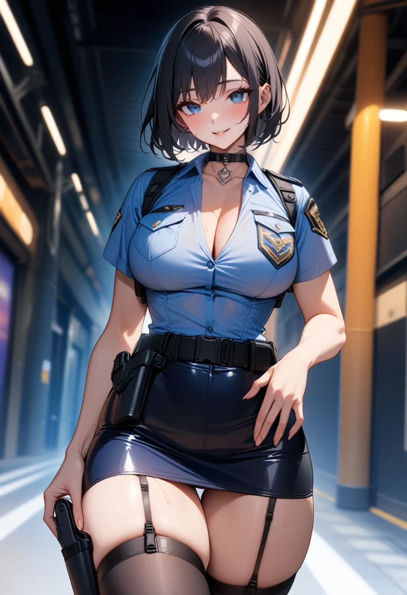 masterpiece, high quality, detailed eyes, 1 girl, One,black medium hair, bobsleigh, bang, (large 1.0), A slight smile, (muscular:0.5), White police uniform,hand icon, short sleeves, pocket, belt, split, crop tops, blue short pencil skirt, garter belt, Black Stockings, necklace, thigh strap, Covered , , black hair , road background, have a gun holster in your skirt