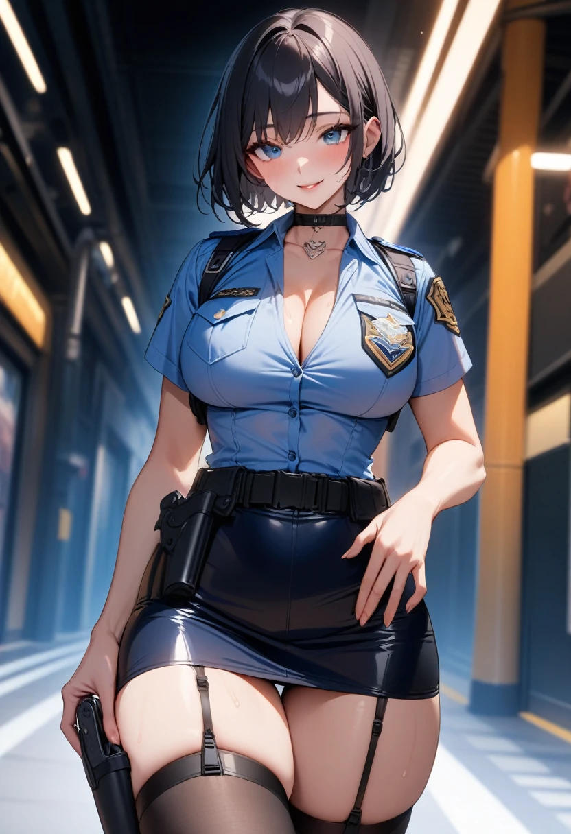 masterpiece, high quality, detailed eyes, 1 girl, One,black medium hair, bobsleigh, bang, (large breasts1.0),  A slight smile, (muscular:0.5), White police uniform,hand icon,  short sleeves, chest pocket, belt, split, crop tops, blue short pencil skirt,  garter belt, Black Stockings, necklace, thigh strap, Covered nipple,  sexual  , black hair , road background, have a gun holster in your skirt 