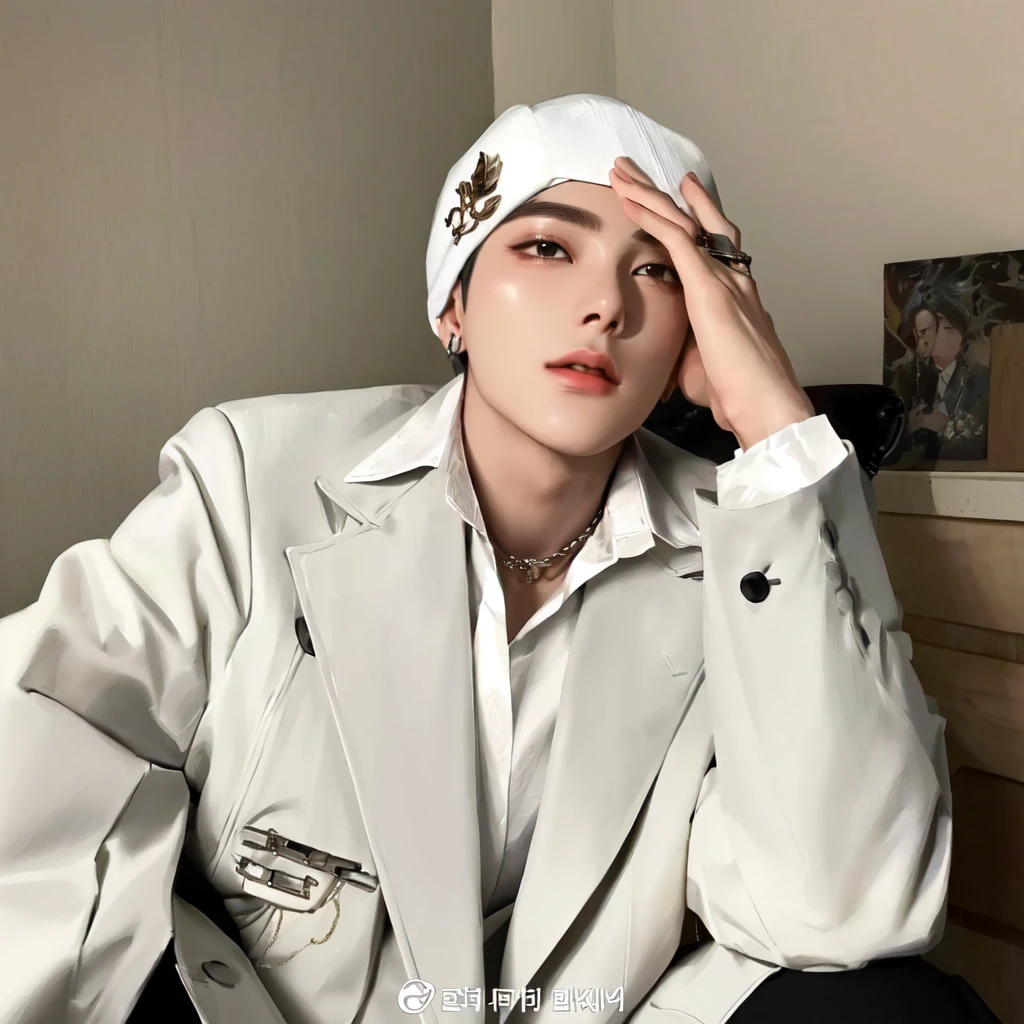 arafed man in a white hat and jacket sitting on a chair, cai xukun, beautiful androgynous prince, delicate androgynous prince, male ulzzang, hyung tae, inspired by Bian Shoumin, taejune kim, hong june hyung, androgynous person, jung jaehyun, yanjun chengt, kim taehyung, bts v, kpop male face, kpop idol, handsome taehyung portrait