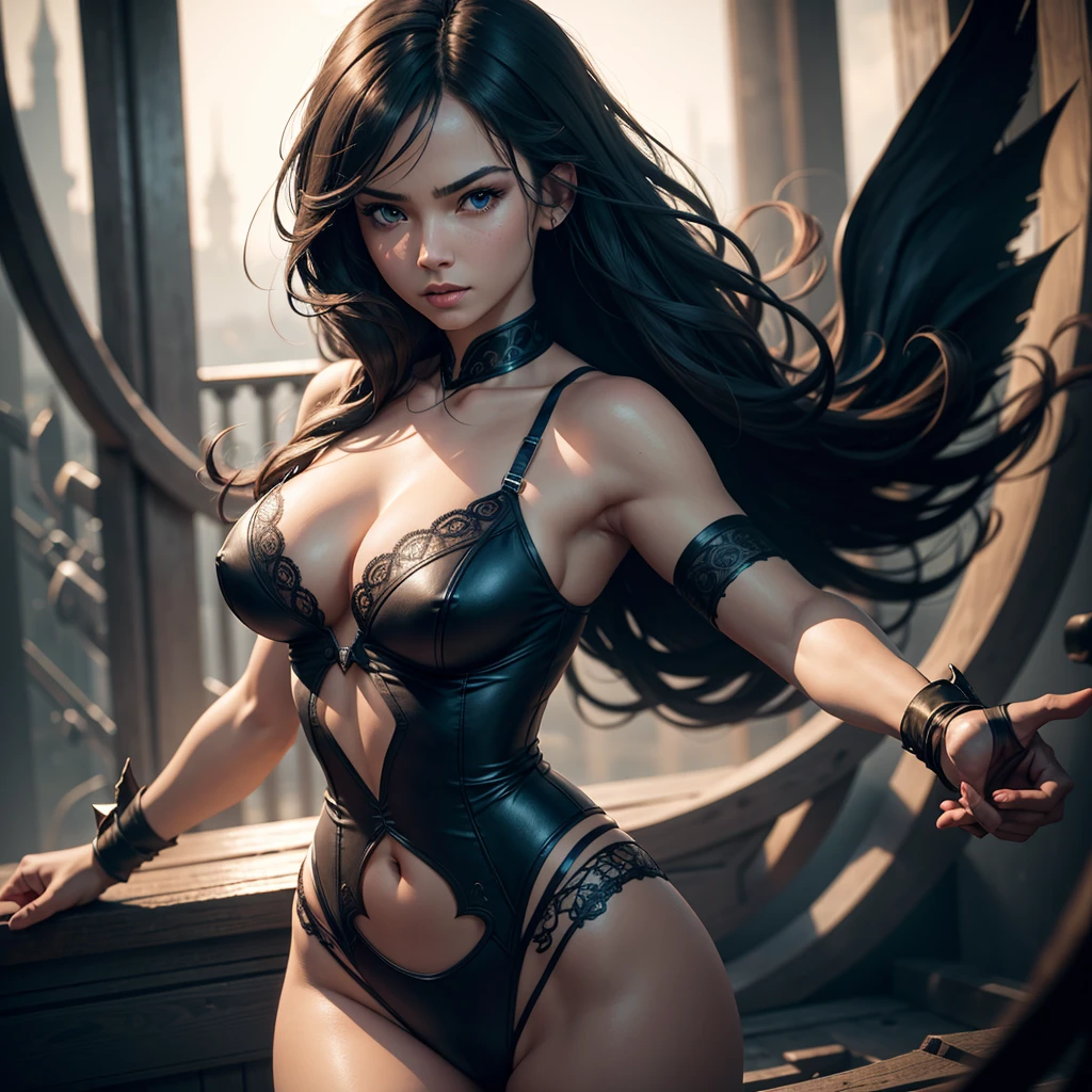 A woman wearing lingerie, sleeveless, long hair, flying, wielding daggers, no cape, no mask, dynamic pose, 3d, (8k), detailed texture,(hyperdetailed), (photo realistic), cinematic light, cinematic action, highly detailed, realistic, Isometric, full body, in frame, driven expression, dark theme, (extremely detailed eyes), detailed symmetric realistic face, extremely detailed natural texture, masterpiece, extremely detailed, amazing, fine detail, rich colors, hyper realistic lifelike texture, dramatic lighting, unreal engine, trending on art station, photo realistic, RAW photo, high quality, high res, sharp focus, extremely detailed, cinematic lighting, 8k, high definition, cinematic, neoprene, unreal engine 5, ultra sharp focus