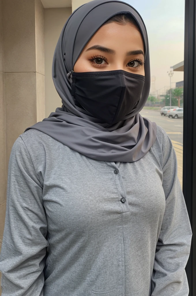 School girl  with gray color hejab with nose paty 