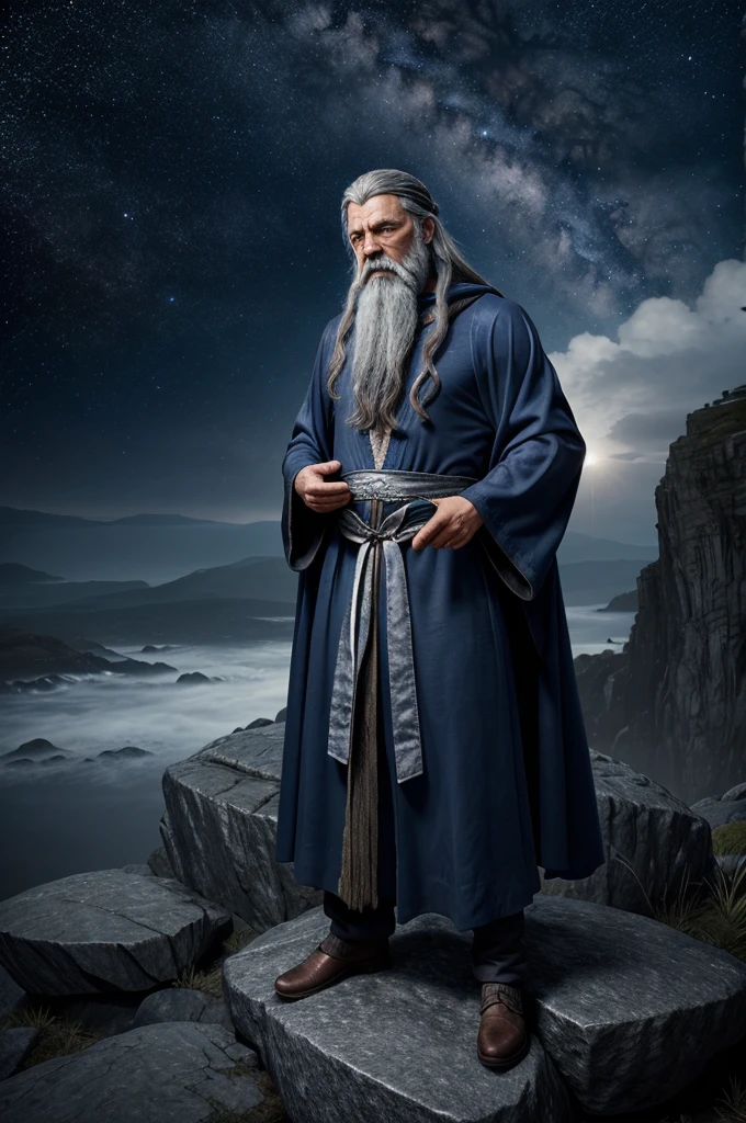 Create an image of a powerful wizard standing on a rocky cliff, overlooking a mystical landscape. The wizard is dressed in flowing, dark blue robes adorned with silver runes and stars. He has a long, white beard and piercing, wise eyes. In his right hand,