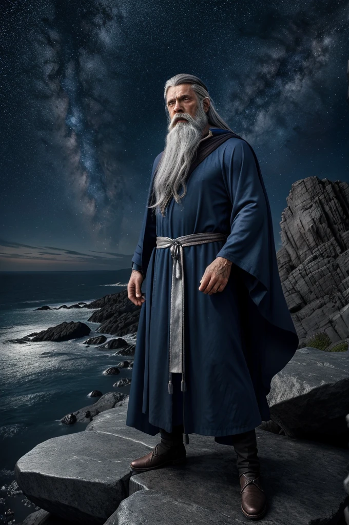 Create an image of a powerful wizard standing on a rocky cliff, overlooking a mystical landscape. The wizard is dressed in flowing, dark blue robes adorned with silver runes and stars. He has a long, white beard and piercing, wise eyes. In his right hand,