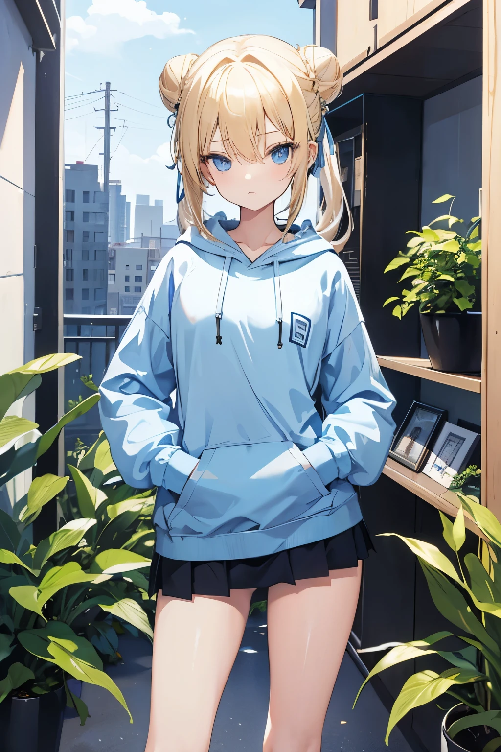 Blonde、semi-long、Hair Bun、Panties in full view、Light blue hoodie、Thin legs、Small waist、Black knee-highs、Composition from the front、Blue Eyes、skirt、Standing pose、Slender figure、Small breasts、Background plants