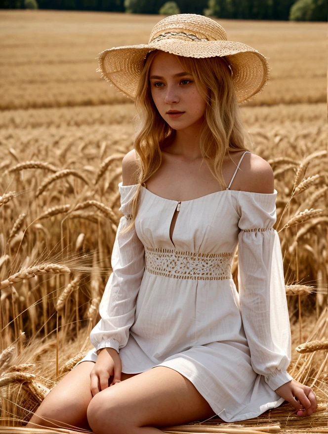 A girl in a long white summer dress with long sleeves is sitting in a field with wheat. The dress covers the legs completely. The sleeves are wide and fluffy. Her hair is blond to the shoulder blades. He wears a wide-brimmed straw hat
