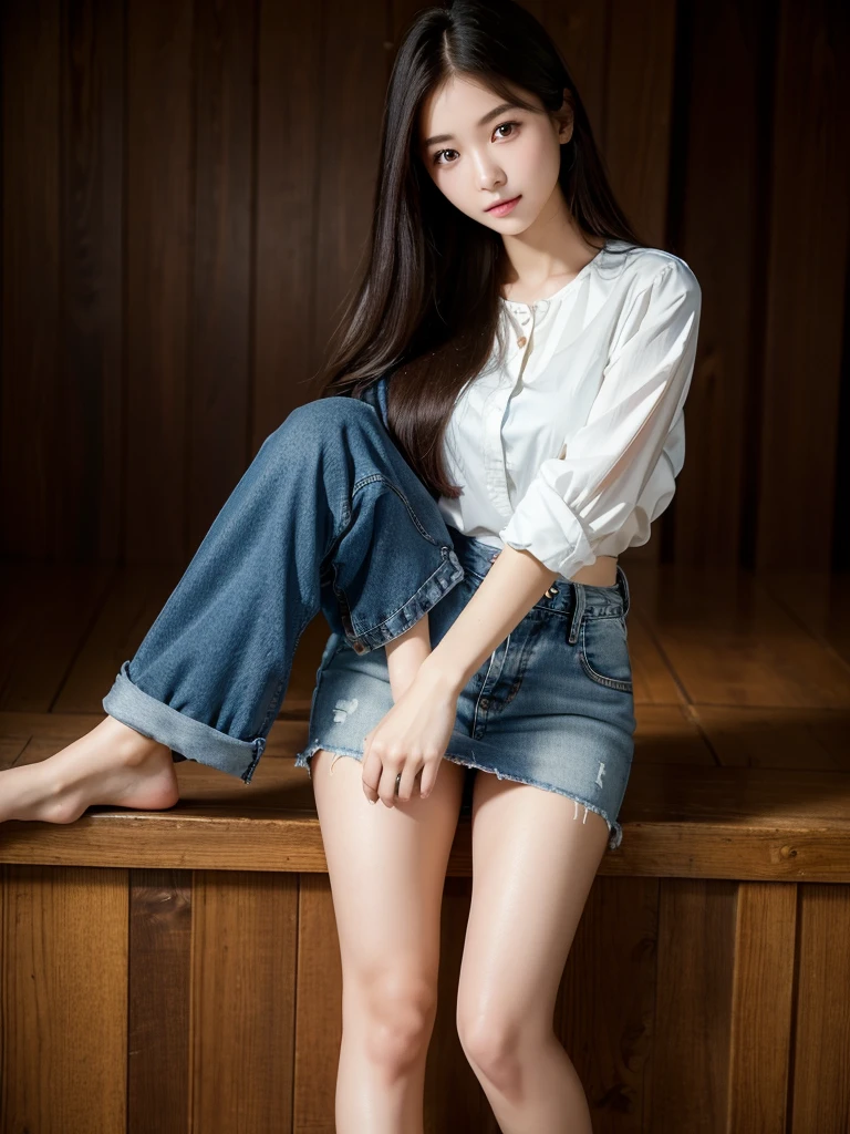 Denim skirt 、blouse、(Highest quality)、((Very detailed))、4K、(8K)、masterpiece、Super detailed、Highest quality、Super Resolution、One person、Kind Face、Soft Light、Raw quality、Soft Skin、Heel、Thighs、163cm