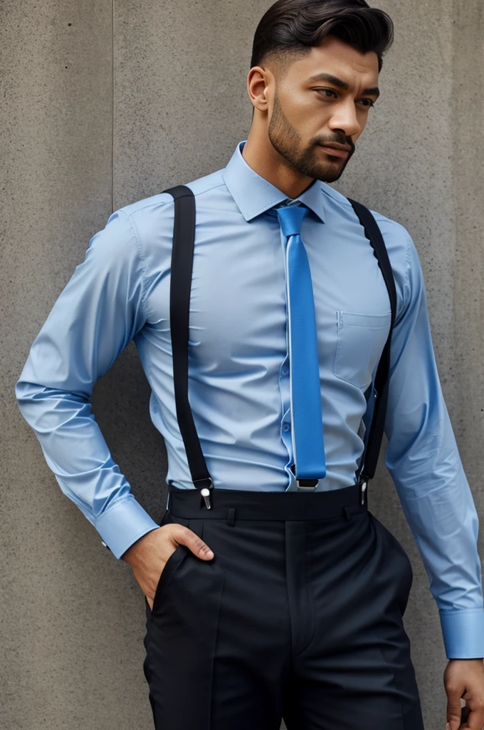 Chamberlain suits Black dress pants, light blue long sleeve shirt and royal blue suspenders