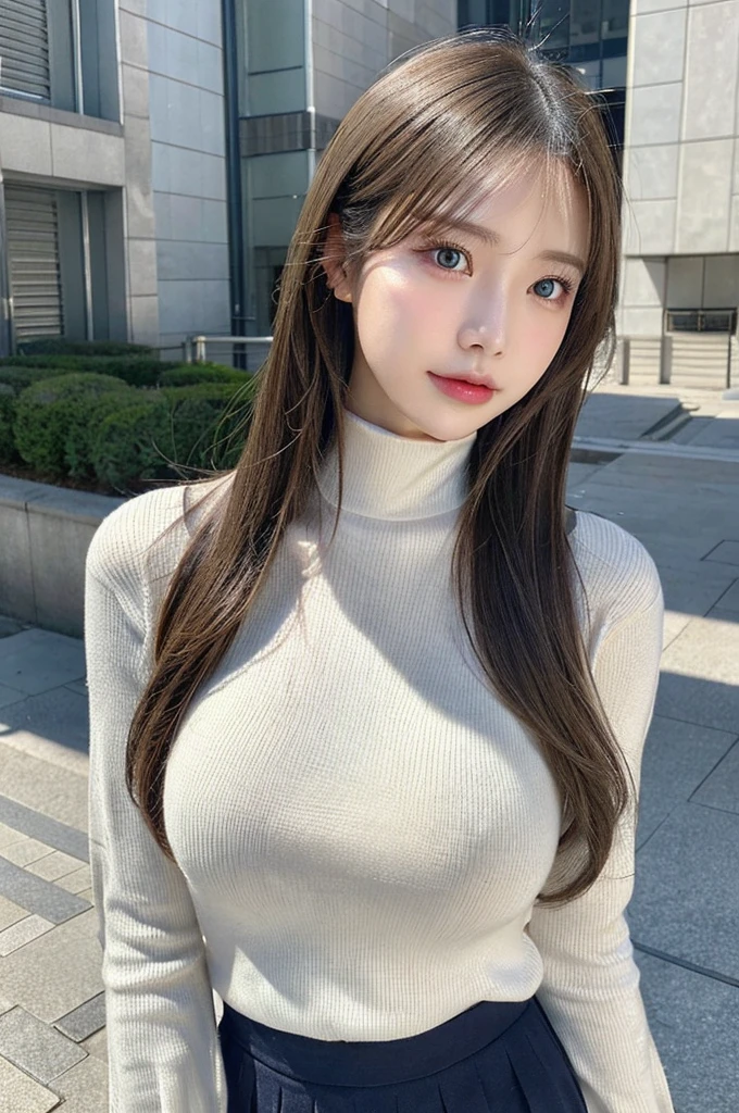 (Huge breasts、Turtleneck sweater、Shoulder Bags)、(best quality,masterpiece:1.3,Ultra-high resolution,),(Extremely detailed,Caustic lines),(Reality:1.4,RAW Shooting,)Ultra-realistic capture,Very detailed,High resolution 16K,Suitable for human skin、 Natural skin texture、、Skin looks healthy、The color is also uniform.、 Use natural light and color,A woman,Asian,,Lovely,Blonde, Double tail,(Writing border depth、Chromatic Aberration、、Wide lighting range、Natural shade、)、(Hair blowing in the wind:1.2)、Tokyo Cityscape, Ruddy and shiny lips, Double tail, blue or green eyes