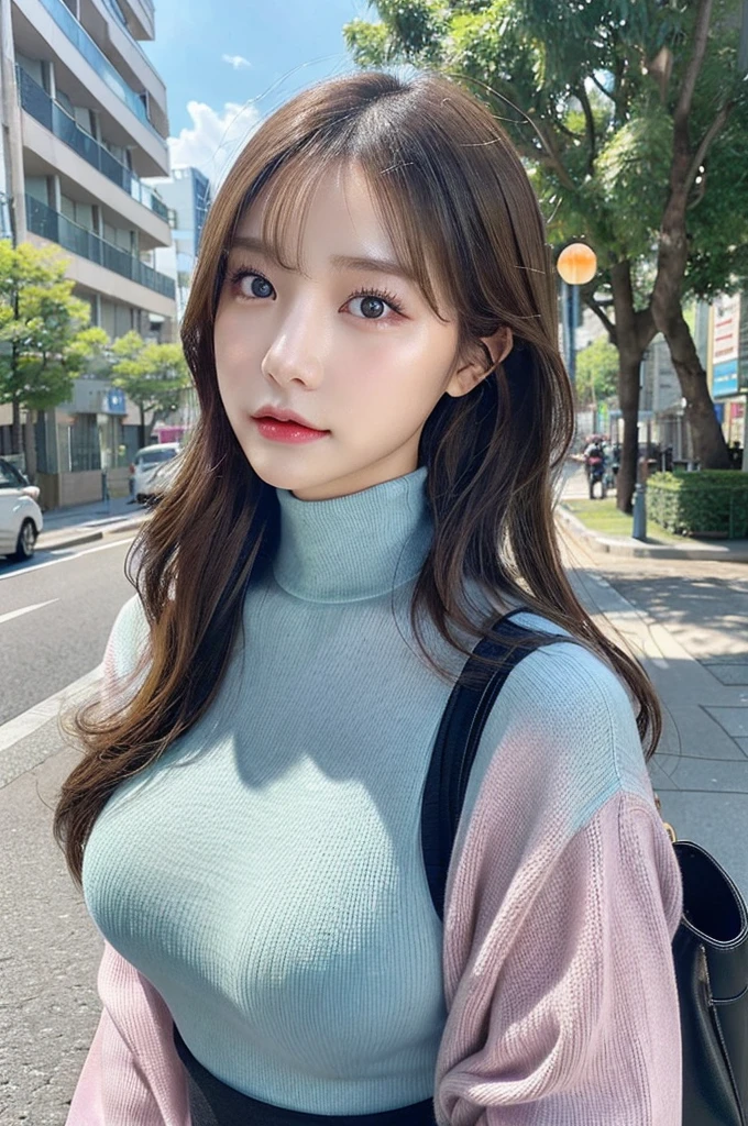(Huge breasts、Turtleneck sweater、Shoulder Bags)、(best quality,masterpiece:1.3,Ultra-high resolution,),(Extremely detailed,Caustic lines),(Reality:1.4,RAW Shooting,)Ultra-realistic capture,Very detailed,High resolution 16K,Suitable for human skin、 Natural skin texture、、Skin looks healthy、The color is also uniform.、 Use natural light and color,A woman,Asian,,Lovely,Blonde, Double tail,(Writing border depth、Chromatic Aberration、、Wide lighting range、Natural shade、)、(Hair blowing in the wind:1.2)、Tokyo Cityscape, Ruddy and shiny lips, Double tail, blue or green eyes
