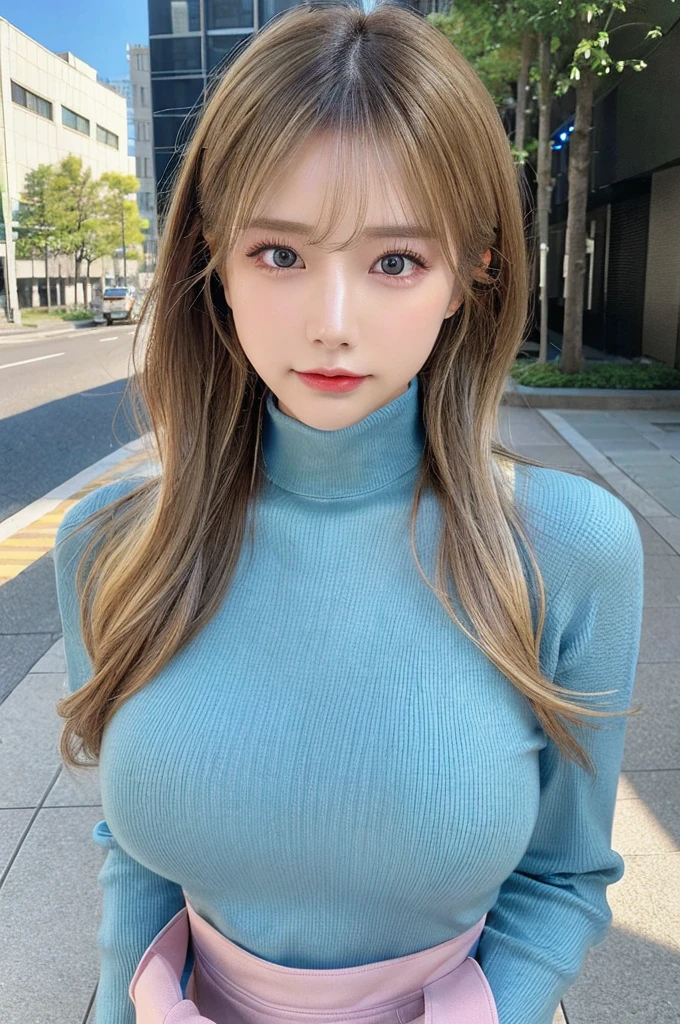 (Huge breasts、Turtleneck sweater、Shoulder Bags)、(best quality,masterpiece:1.3,Ultra-high resolution,),(Extremely detailed,Caustic lines),(Reality:1.4,RAW Shooting,)Ultra-realistic capture,Very detailed,High resolution 16K,Suitable for human skin、 Natural skin texture、、Skin looks healthy、The color is also uniform.、 Use natural light and color,A woman,Asian,,Lovely,Blonde, Double tail,(Writing border depth、Chromatic Aberration、、Wide lighting range、Natural shade、)、(Hair blowing in the wind:1.2)、Tokyo Cityscape, Ruddy and shiny lips, Double tail, blue or green eyes