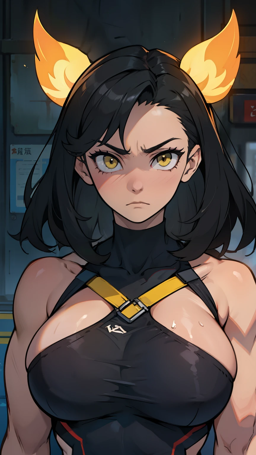 massive breasts muscular girl toned body black hair yellow eyes pale skin expressionless sad