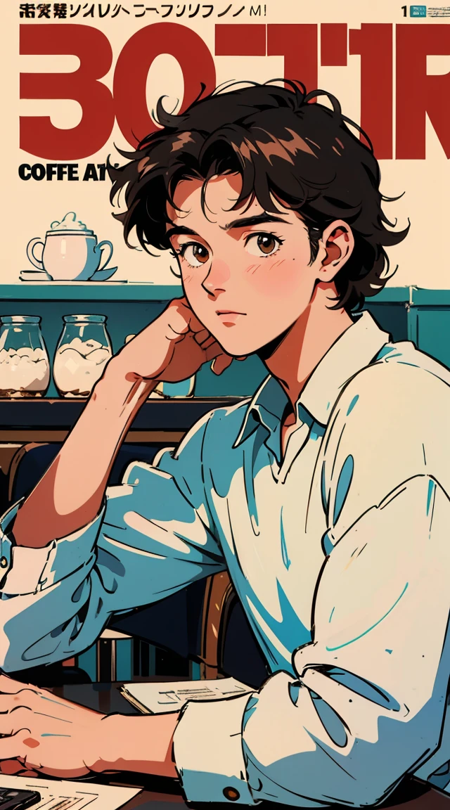 Best image quality, 1980s style animation, 21-year-old boy, slightly curly black hair, light brown eyes,  with a white shirt, magazine cover, whole body , at a cafe , posing, With a cute otter, There is a coffee cup on the table.