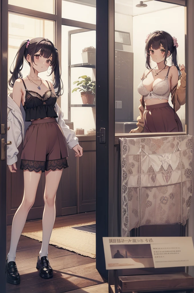 masterpiece, Highest quality, Cute Mature Woman,Small breasts that are just beginning to grow, Scrunchie hair ornament, Twin tails,Large areola,Nipples,plain cotton panties,hoodie,,Patterned knee socks,Diamond Necklace, skinny , Nipples,((showing off lace panties)),(Nipplesが透けて見える)), (good:1.3), (lingerie,short culottes:1.4),Culottes seen from below