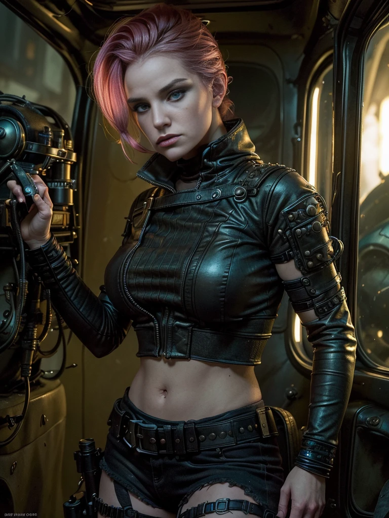 portrait 1 young woman ,science fiction, complex background punk, mad max , futuristic, post-apocalyptic, dark, dim light, ((masterpiece, best quality, )), liz.ashley