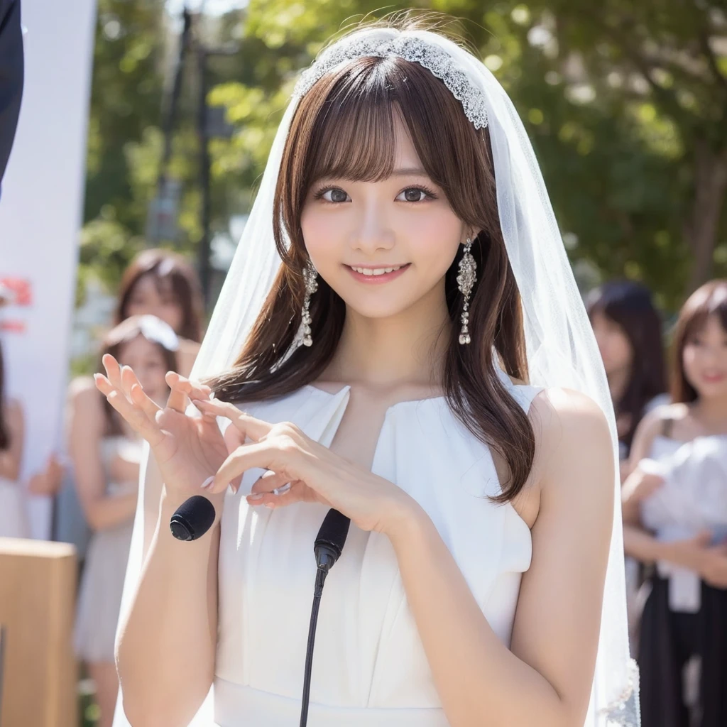 A beautiful young Japanese idol in a white dress and veil holding a microphone. Extremely detailed and realistic portrait, intricate anime cosplay, Instagram model, artcore style, lost in reverie. 8k resolution, Canon EOS R6 photography, background is bright, female body,smiling and close mouth.
