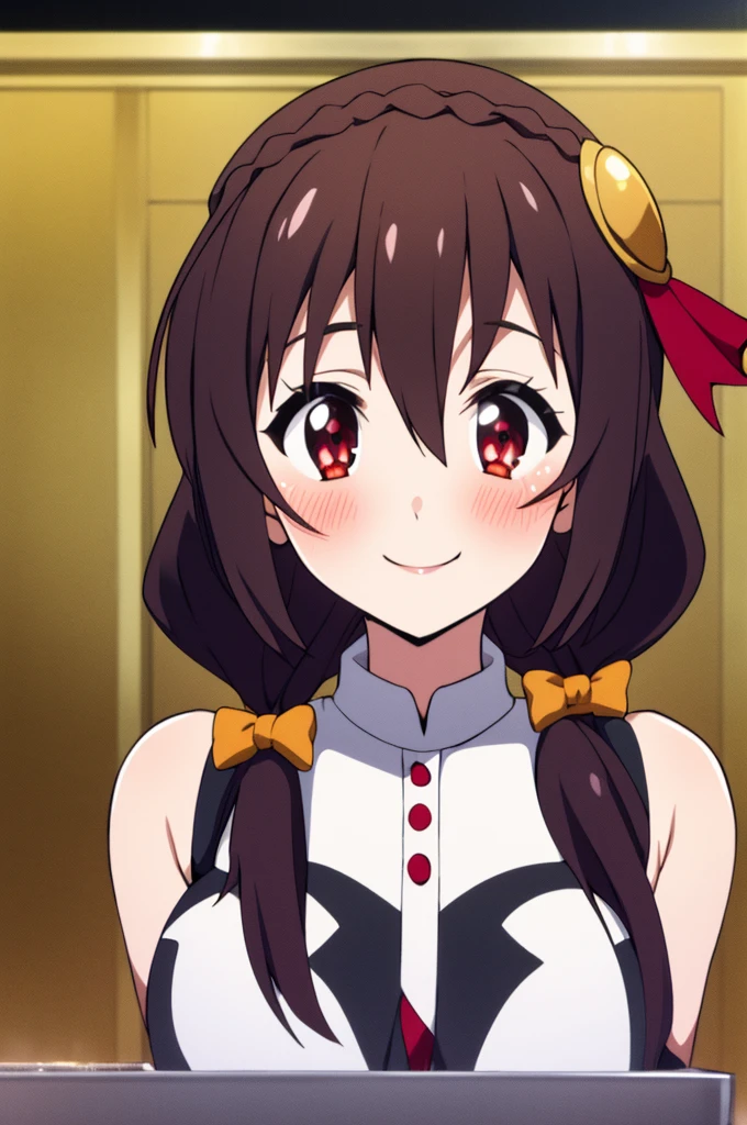 (masterpiece, Highest quality), One girl,    Yunyun,Long Hair,Braiding,Twin tails,Hair between the eyes,Red hair ribbon,hair ornaments,large round breasts,、Black Hair、Red Eyes、(Happy face:1.2)、grassland、Crown Blade,(White dress:1.5)、(blush:1.2)