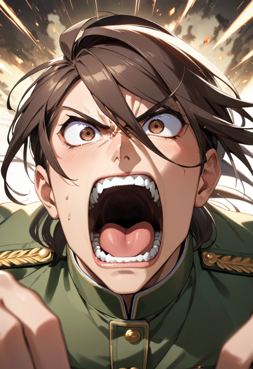 1 young man、Kakoi、Brown hair with long bangs、Brown eyes、Green military uniform、Serious expression、Screaming