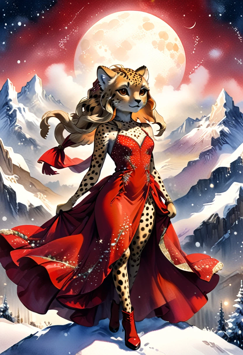 a watercolor picture of a female cheetah anthomorph wearing a red evening dress, elegant, intricate detailed dress, silk dress, she wears elegant high heeled boots, exquisite high heeled boots, she stands on the the top of a snowy mountain, elegant cocktail party on the top of a snowy mountain background, night time, some stars the moon is rising,  best details, best quality, highres, ultra wide angle, 16k, [ultra detailed], masterpiece, best quality, (extremely detailed), full body, ultra wide shot, photorealistic, ladyshadow