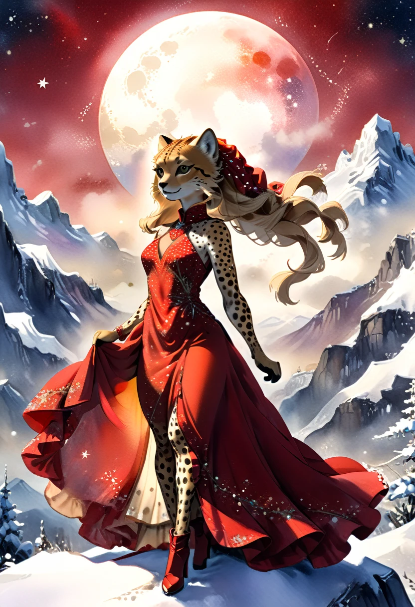 a watercolor picture of a female cheetah anthomorph wearing a red evening dress, elegant, intricate detailed dress, silk dress, she wears elegant high heeled boots, exquisite high heeled boots, she stands on the the top of a snowy mountain, elegant cocktail party on the top of a snowy mountain background, night time, some stars the moon is rising,  best details, best quality, highres, ultra wide angle, 16k, [ultra detailed], masterpiece, best quality, (extremely detailed), full body, ultra wide shot, photorealistic, ladyshadow