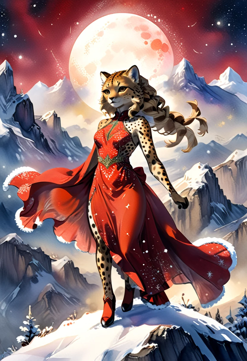 a watercolor picture of a female cheetah anthomorph wearing a red evening dress, elegant, intricate detailed dress, silk dress, she wears elegant high heeled boots, exquisite high heeled boots, she stands on the the top of a snowy mountain, elegant cocktail party on the top of a snowy mountain background, night time, some stars the moon is rising,  best details, best quality, highres, ultra wide angle, 16k, [ultra detailed], masterpiece, best quality, (extremely detailed), full body, ultra wide shot, photorealistic, ladyshadow