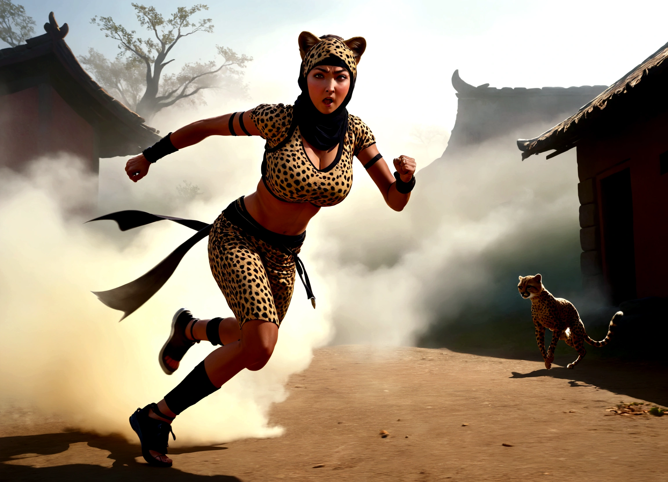 a lovely woman, cheetah print ninja outfit, cheetah ears headband, razor fist blades, ninja training, running extremely fast, zooming towards scared goblin warrior, hyperrealistic, 8k, detailed, cinematic lighting, vibrant colors, dynamic action pose, dramatic shadows, volumetric fog