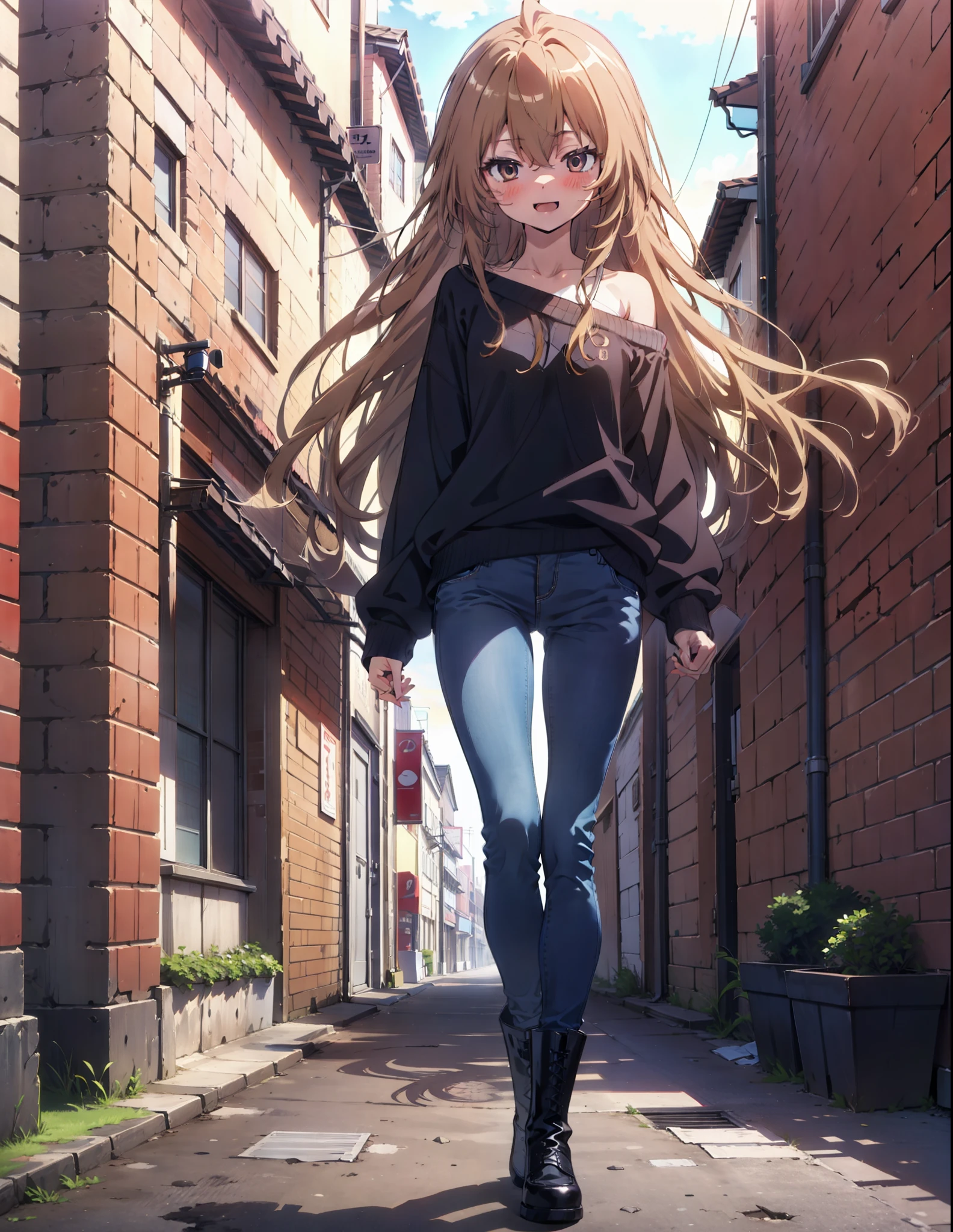 Taiga Aisaka, taiga aisaka, Long Hair, Brown Hair, Brown eyes,happy smile, smile, Open your mouth,One-shoulder sweater,Skinny jeans,short boots,Daytime,Clear skies,Walking,whole bodyがイラストに入るように,
break outdoors, Building district,
break looking at viewer, whole body,
break (masterpiece:1.2), Highest quality, High resolution, unity 8k wallpaper, (shape:0.8), (Beautiful attention to detail:1.6), Highly detailed face, Perfect lighting, Extremely detailed CG, (Perfect hands, Perfect Anatomy),