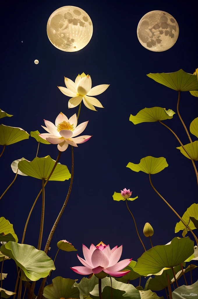 Lotus flower with crown with loose petals, a moon behind and with butterflies around