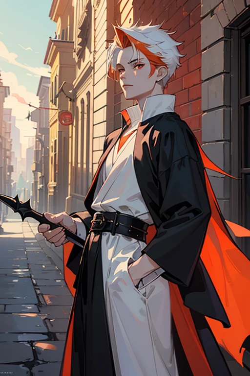 A male vampire sorcerer with short spiky hair that is orange in colour with black highlight, wearing white archmagi robe with a big belt and a pouch on his side, holding a long magic staff and is standing proudly in an empty street, ((Highest Definition, 8k, Masterpiece: 1.3, goodnegativeimage))