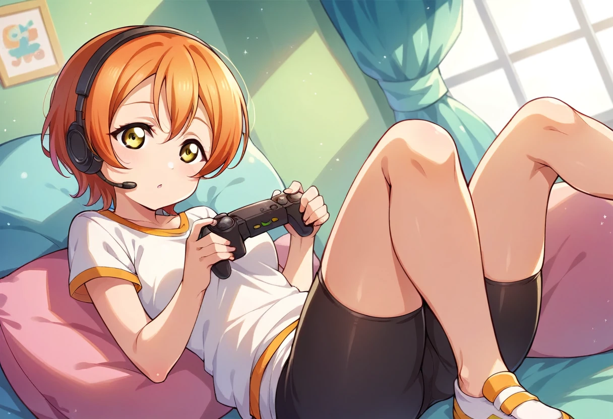 Masterpiece, best quality,Hoshizora rin,solo ,yellow eyes, short hair,orange hair, White Top,Bike shorts, sitting, chibi, arms behind,love live style , indoors , holding reversed playstation controller , headset