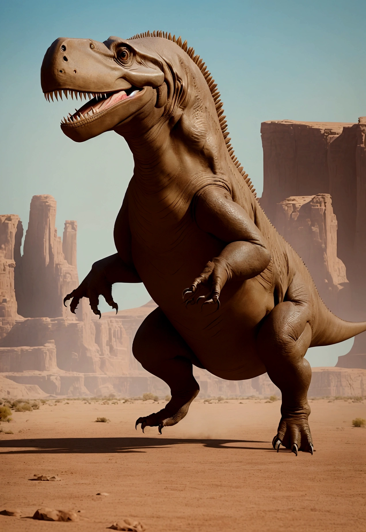 a high-quality image of a Tyrannosaurus standing in a desert, poised to start running. The scene should be detailed, capturing the textures of the dinosaur's skin and the arid landscape around it. The T-rex should have a powerful and dynamic posture, indicating its readiness to burst into motion.