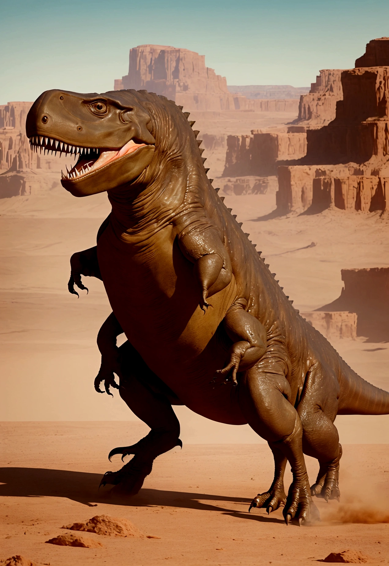 a high-quality image of a Tyrannosaurus standing in a desert, poised to start running. The scene should be detailed, capturing the textures of the dinosaur's skin and the arid landscape around it. The T-rex should have a powerful and dynamic posture, indicating its readiness to burst into motion.