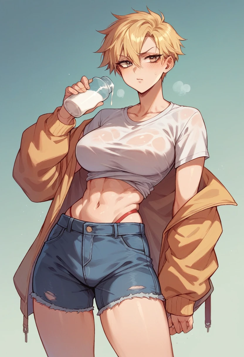 Tomboy with pale skin and blonde hair,  with very big tits from which a lot of milk comes out 