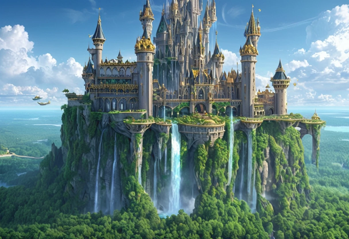 A magnificent medieval European-style castle floats on a giant rock island in the sky, surrounded by clear blue skies and a sea of clouds. The castle features bronze-roofed towers with golden decorations, and emerald green vines hanging from the island. Waterfalls cascade into the air, while small airships and dragons fly around. Magical light particles and aurora-like bands create a fantastical atmosphere, all bathed in the soft light of dawn or dusk.