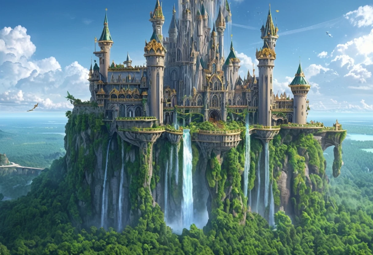 A magnificent medieval European-style castle floats on a giant rock island in the sky, surrounded by clear blue skies and a sea of clouds. The castle features bronze-roofed towers with golden decorations, and emerald green vines hanging from the island. Waterfalls cascade into the air, while small airships and dragons fly around. Magical light particles and aurora-like bands create a fantastical atmosphere, all bathed in the soft light of dawn or dusk.