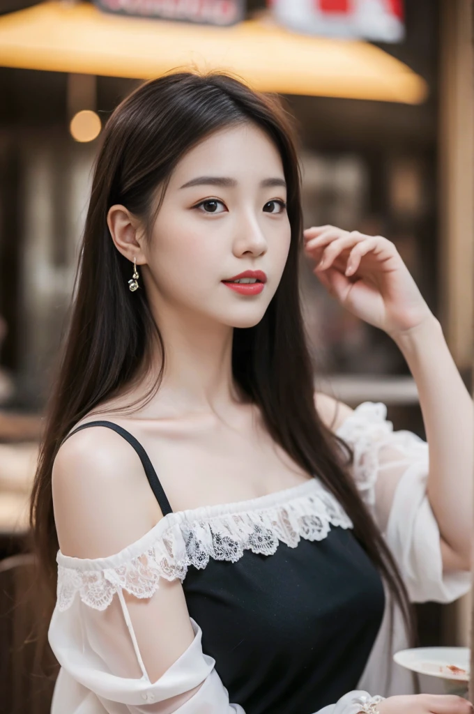 Front Angle, (8K, best quality, masterpiece:1.2), (Practical, photo-Practical:1.37), Extremely detailed, 1 girl, Looking at the audience, Beautiful and detailed sky, Detailed café street, sit, full_Body, Small head, Smile,Exquisite necklace, beautiful legs:1.2, Long legs:1.2, Slender legs, High heel:1.3, White socks:1.4, Large Breasts, High waist, Willow Waist, Off-shoulder, belt, Short bottoms, Beautiful and delicate eyes, daytime, Warm colors, White lace, (Long hair:1.4), 银色中Long hair, White skin, light, Street Lights, (Tea table:1), (handbag:1), ulzzang-6500-v1.1:0.66
