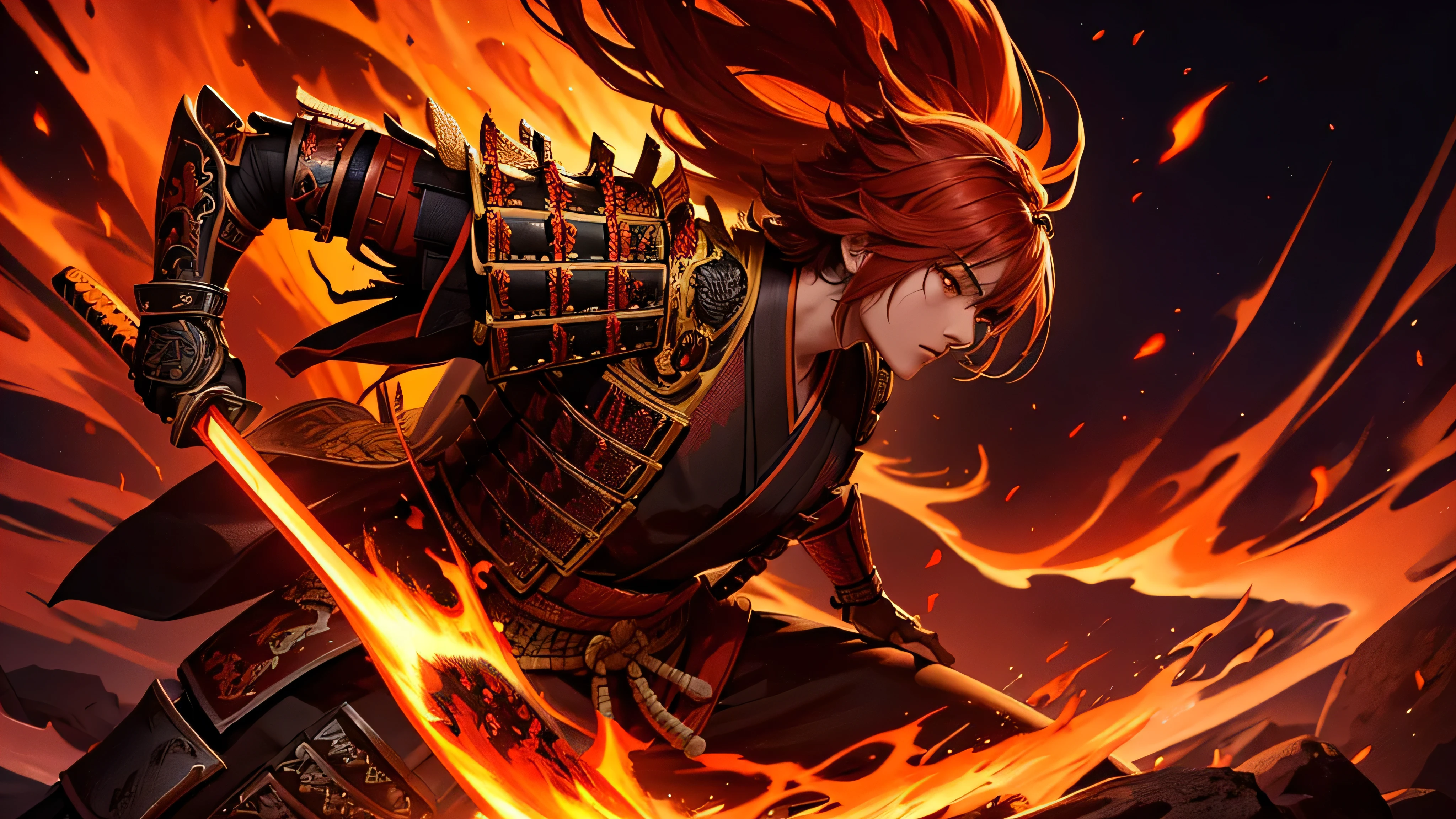 samurai, highly detailed, intricate armor, katana sword, intense fiery background, dramatic lighting, vibrant colors, red and orange flames, dynamic pose, japanese culture, cinematic composition, masterpiece, photorealistic, 8k, best quality