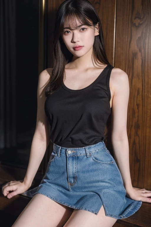 (top-quality,masterpiece:1.3,超A high resolution,),(ultra-detailliert,Caustics),(Photorealsitic:1.4,RAW shooting,)Ultra-realistic capture,A highly detailed,High resolution 16K human skin close-up。 Skin texture is natural、Must be detailed enough to be easy to identify。 Skin should look healthy with even tones。Natural skin color, Tanktop, 1 girl, 18year old, Black long hair, (Large boob:1.3), Turn your body to the front,(front-facing view:1.2), Looking at the viewer, Skirts should be shortened, Show Legs, Smooth thick thigh, Thigh.