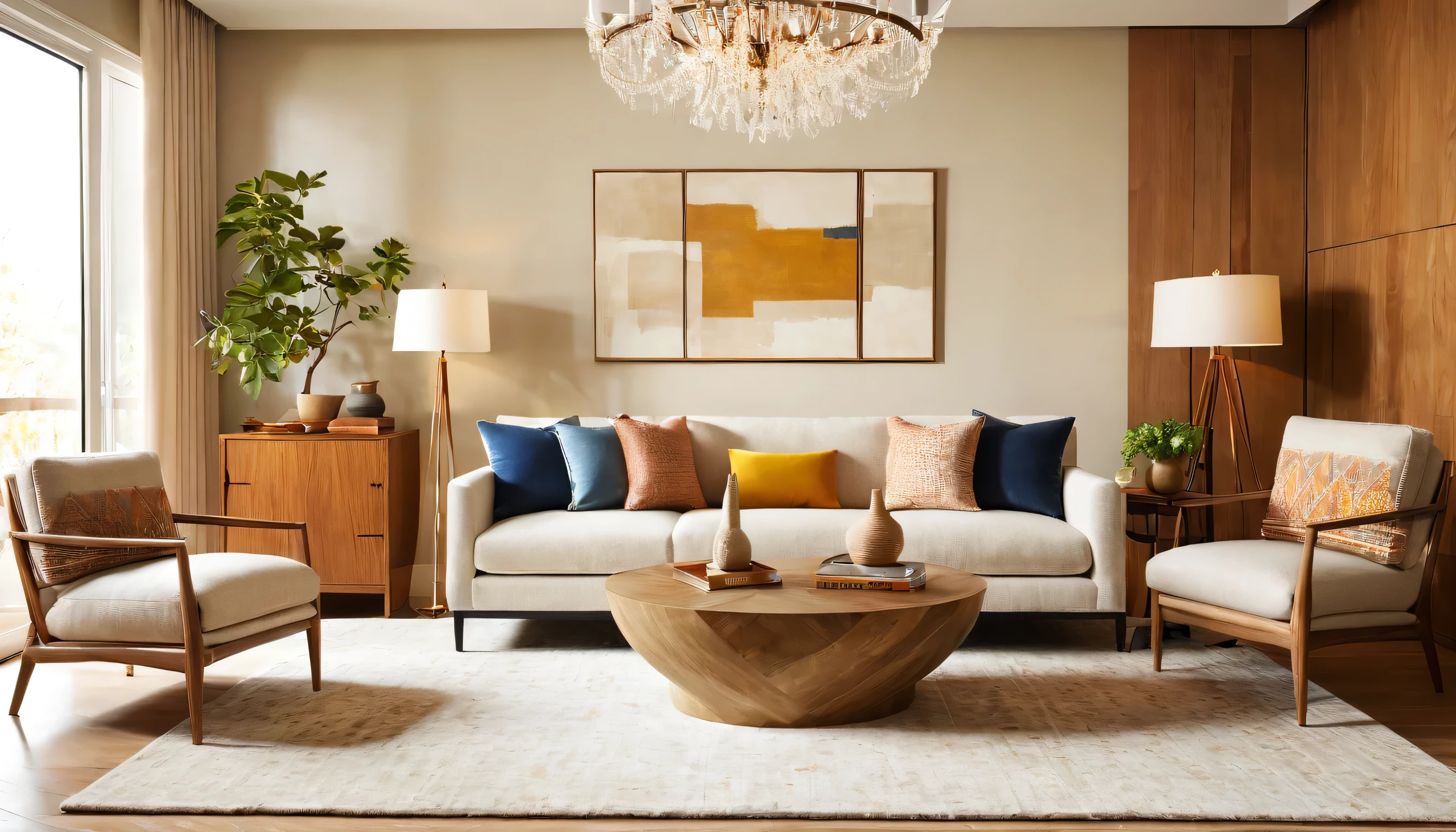 a three-seater sofa,capet,end table,west elm chandelier,armchair,residential interior design project with modrtn organic style,interior decor,crrisp lines,neutral colors,natural textures,backdrop of simplicity,aesthetic,bright environment,realistic,V-RayRenderer,superior quality