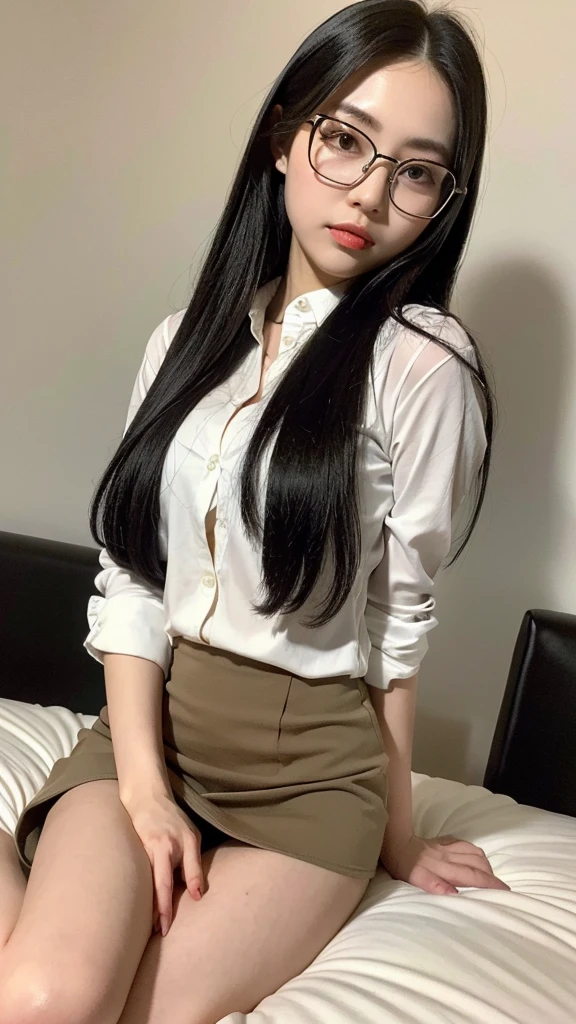 (Highest quality, 8K, masterpiece ), 18 year old beautiful woman、 The eyes are large and clear、Black Hair、Wearing a beige mask:1.3、White Button Down Shirt、Glamour thighs:1.2、, Highly detailed face, double eyelid, Strong natural light、whole body、Sexy thighs:1.2、Side angle,Diagonal horizontal angle:1.2、Black Mini Skirt、On the bed、Rectangular frame glasses
