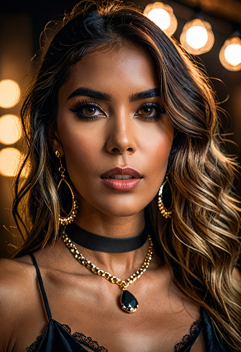 (masterpiece:1.2), (best quality,:1.2), 8k, HDR, ultra detailed, ((photorealistic)), professional light, cinematic lighting, fashion photography, ambient lighting, face lighting, Bridgette, earrings, choker, necklace, messy and long hair, dark makeup, dynamic pose, looking at viewer, ((portrait shot)),