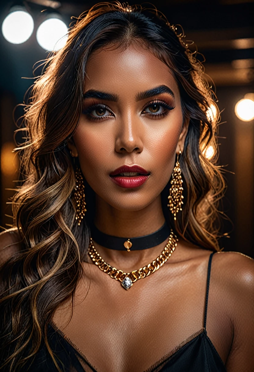 (masterpiece:1.2), (best quality,:1.2), 8k, HDR, ultra detailed, ((photorealistic)), professional light, cinematic lighting, fashion photography, ambient lighting, face lighting, Bridgette, earrings, choker, necklace, messy and long hair, dark makeup, dynamic pose, looking at viewer, ((portrait shot)),