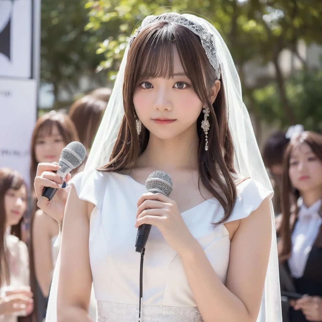 A beautiful young Japanese idol in a white dress and veil holding a microphone. Extremely detailed and realistic portrait, intricate anime cosplay, Instagram model, artcore style, lost in reverie. 8k resolution, Canon EOS R6 photography, background is bright, female body.