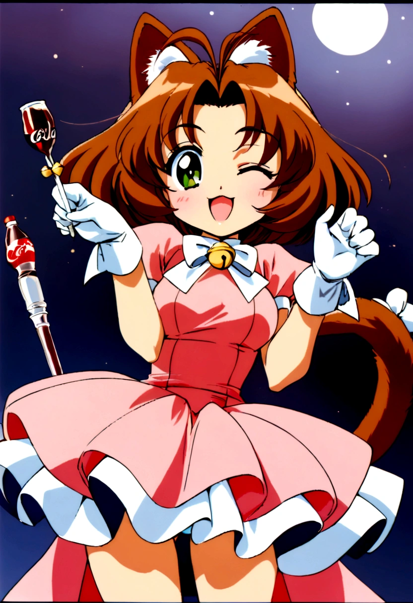 1 girl, Sakura Kinomoto, animal ears, one eye closed, cat ears, Alone, cola, Brown hair, Bell, green eyescat cola, magical girl, dress, paw posture, short hair, SMILE, Open mouth, 1990s (Style), retro artStyle, ;d, jingle Bell, wand, looking at the viewer, pink dress, antenna hair, raised skirt, ,
