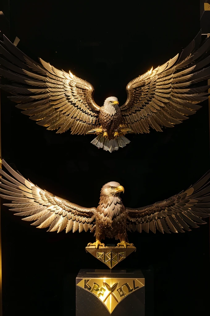 displays full HD high resolution, a hologram logo, The eagle is made of thick metal, a combination of gold and black, with a yellow gold crown and wings, and a ribbon with the name KECE and a red and green LED on the side of the logo on a black background with red and yellow lights.