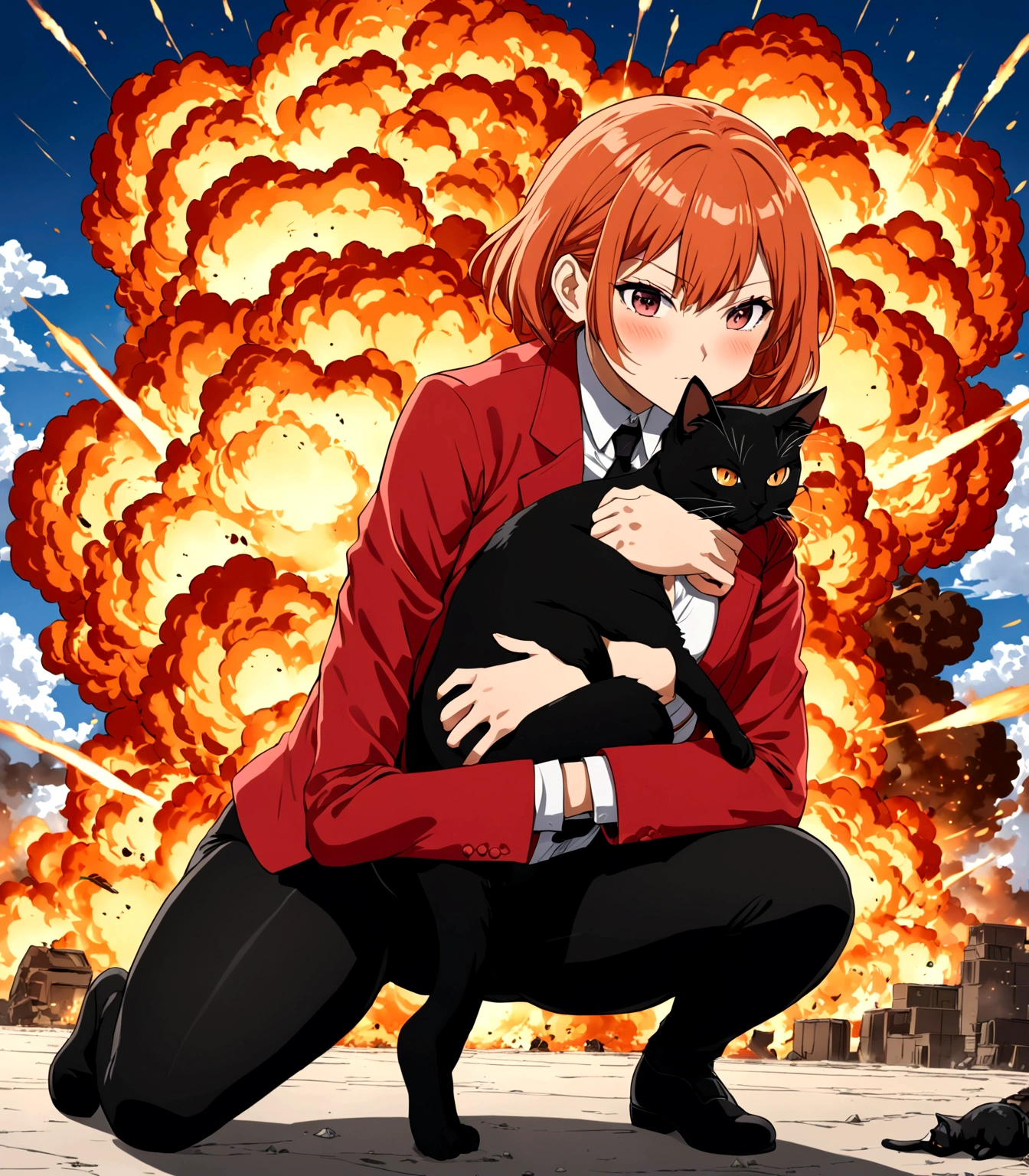 anime girl laying on her stomach with a cat in her lap, the anime girl is crouching, beautiful anime girl squatting, kneeling!!, explosions!, hugging her knees, with an explosion on the back, female protagonist 👀 :8, explosion, thicc, asuka suit under clothes!, badass pose, explosions all around, high quality fanart