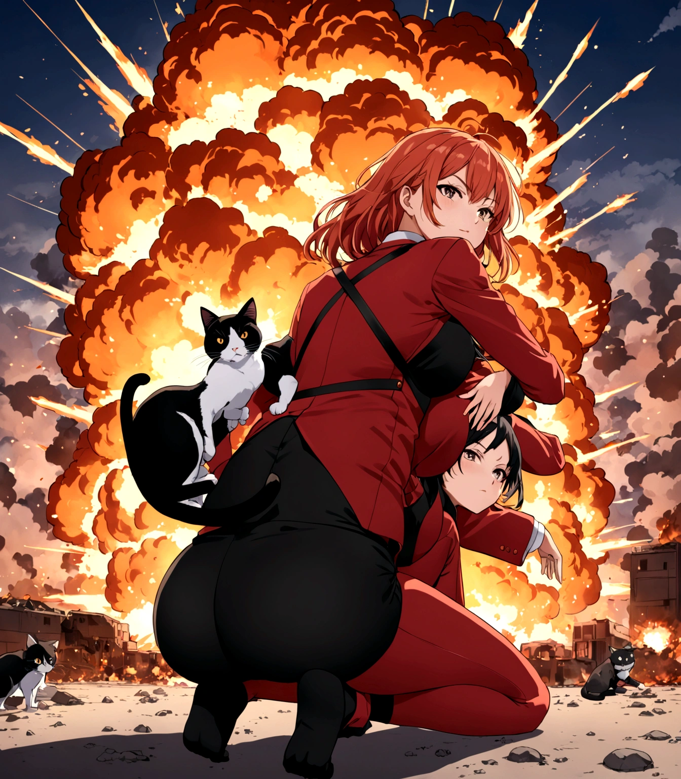 anime girl laying on her stomach with a cat in her lap, the anime girl is crouching, beautiful anime girl squatting, kneeling!!, explosions!, hugging her knees, with an explosion on the back, female protagonist 👀 :8, explosion, thicc, asuka suit under clothes!, badass pose, explosions all around, high quality fanart