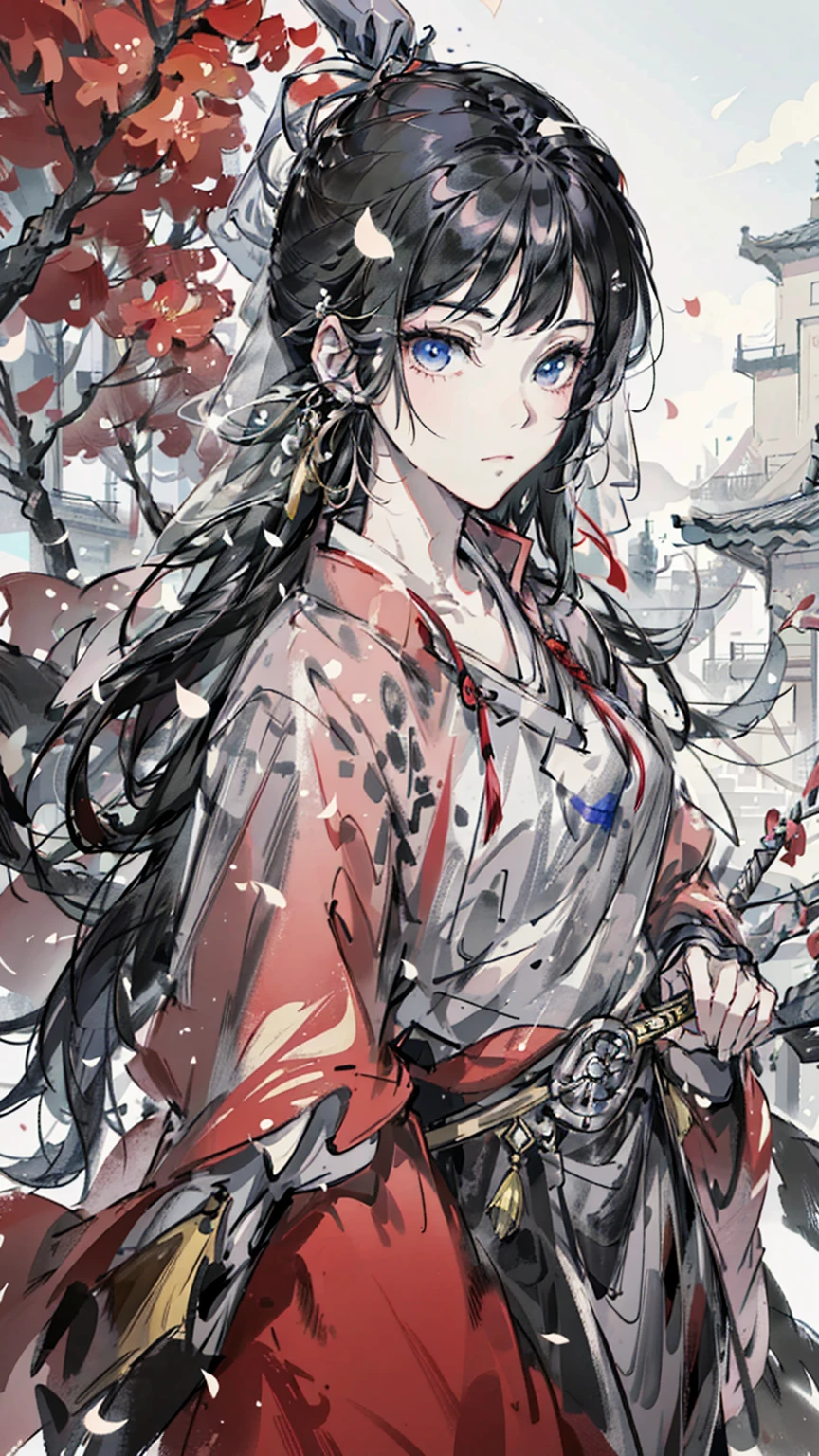 A painting of a woman wearing a veil and a sword, Beautiful character painting, Guviz, Guviz-style artwork, Guweiz in Pixiv ArtStation, Guweiz on ArtStation Pixiv, a beautiful anime portrait, Beautiful anime woman, guweiz masterpiece, style of anime4 K, Palace ， A girl in Hanfu，Sword in hand